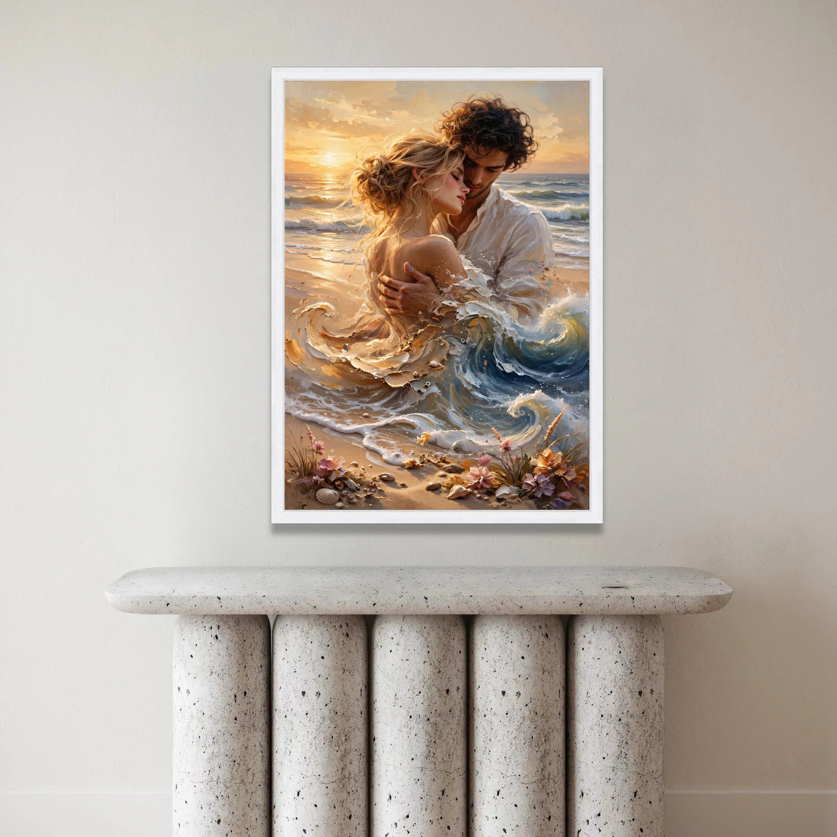 Romantic Embrace on Seashore Canvas, Sunset Beach Couple Wall Art, Ocean Waves Home Decor, Intimate Coastal Scene Canvas Canvas Print Art