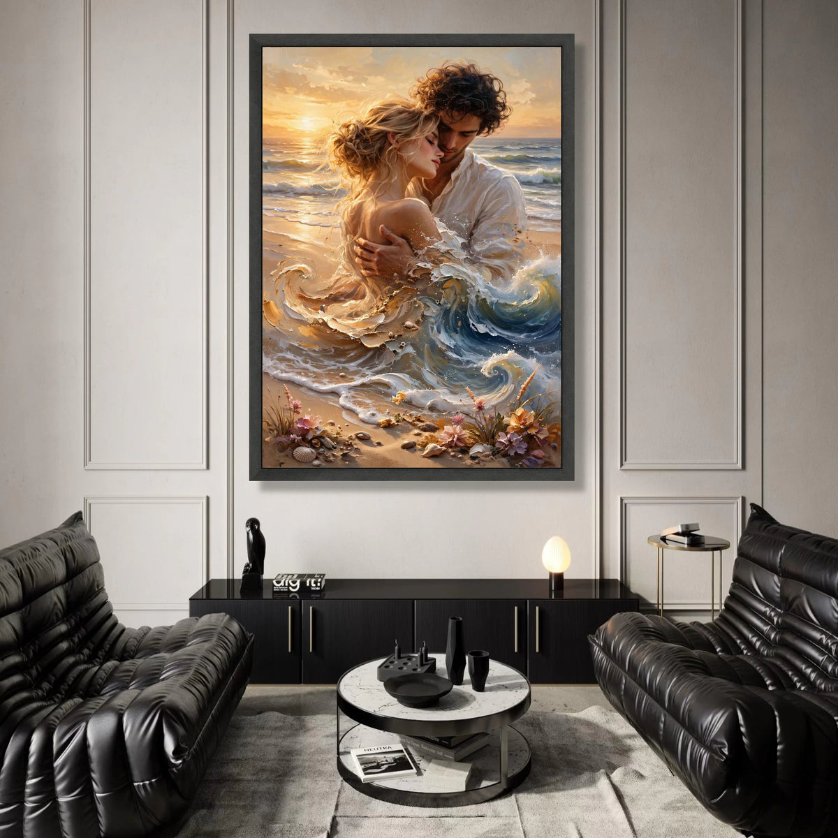 Romantic Embrace on Seashore Canvas, Sunset Beach Couple Wall Art, Ocean Waves Home Decor, Intimate Coastal Scene Canvas Canvas Print Art