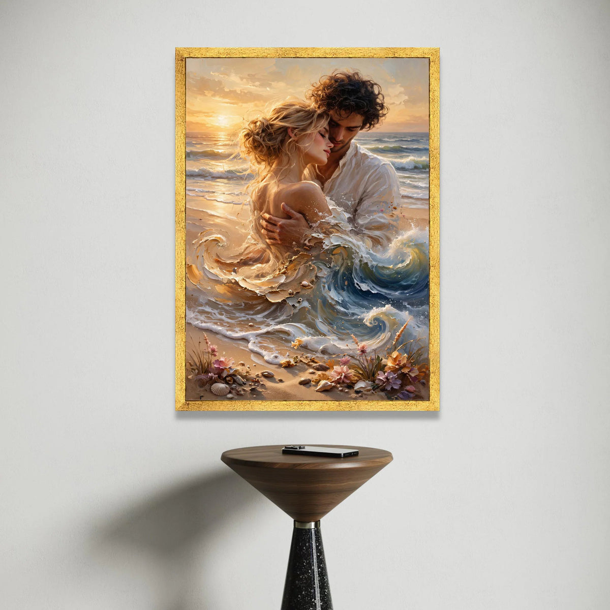 Romantic Embrace on Seashore Canvas, Sunset Beach Couple Wall Art, Ocean Waves Home Decor, Intimate Coastal Scene Canvas Canvas Print Art