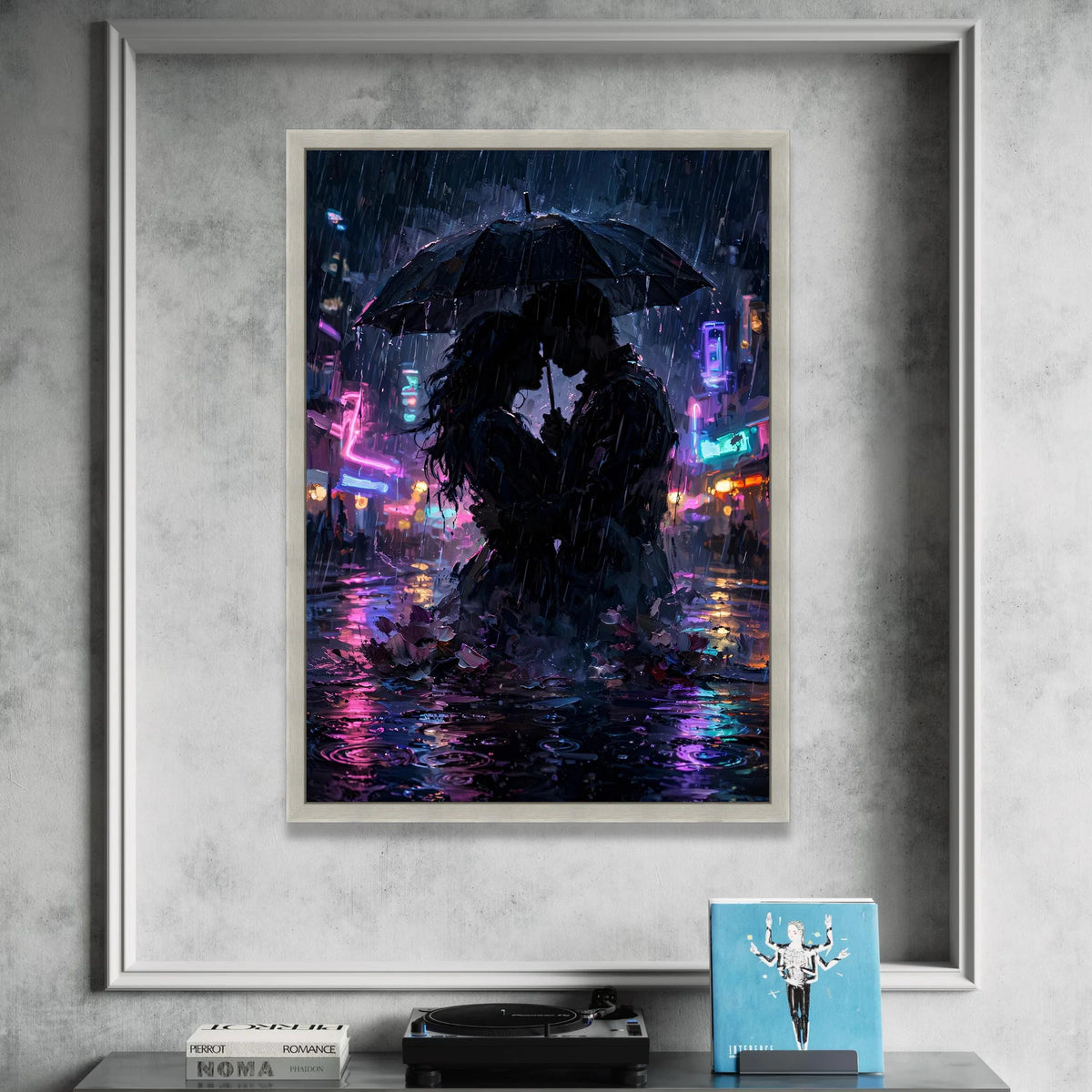 Romantic Couple Under Umbrella Canvas, Rainy Cityscape Wall Art, Neon Lights Evening Decor, Intimate Urban Love Scene Canvas Print Art