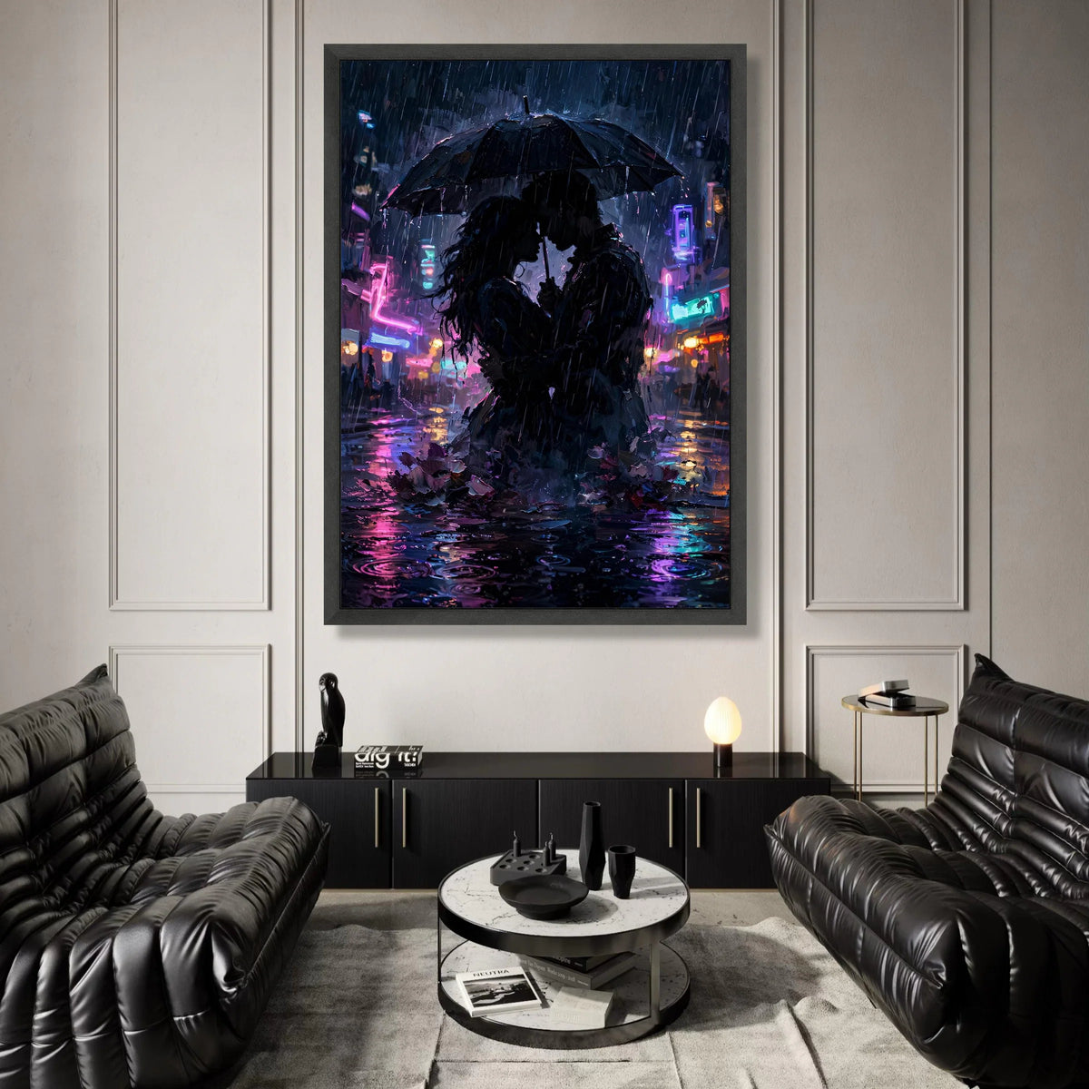 Romantic Couple Under Umbrella Canvas, Rainy Cityscape Wall Art, Neon Lights Evening Decor, Intimate Urban Love Scene Canvas Print Art