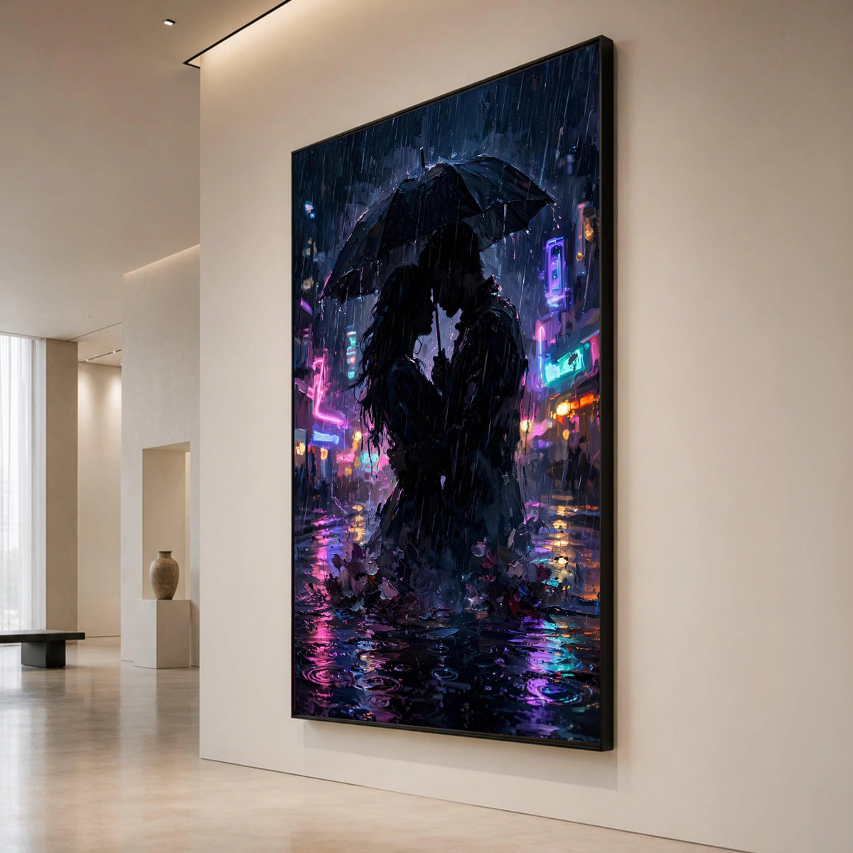 Romantic Couple Under Umbrella Canvas, Rainy Cityscape Wall Art, Neon Lights Evening Decor, Intimate Urban Love Scene Canvas Print Art