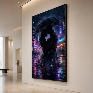 Romantic Couple Under Umbrella Canvas, Rainy Cityscape Wall Art, Neon Lights Evening Decor, Intimate Urban Love Scene Canvas Print Art