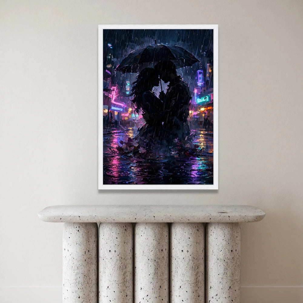 Romantic Couple Under Umbrella Canvas, Rainy Cityscape Wall Art, Neon Lights Evening Decor, Intimate Urban Love Scene Canvas Print Art