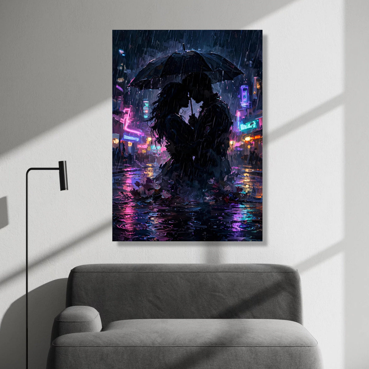 Romantic Couple Under Umbrella Canvas, Rainy Cityscape Wall Art, Neon Lights Evening Decor, Intimate Urban Love Scene Canvas Print Art