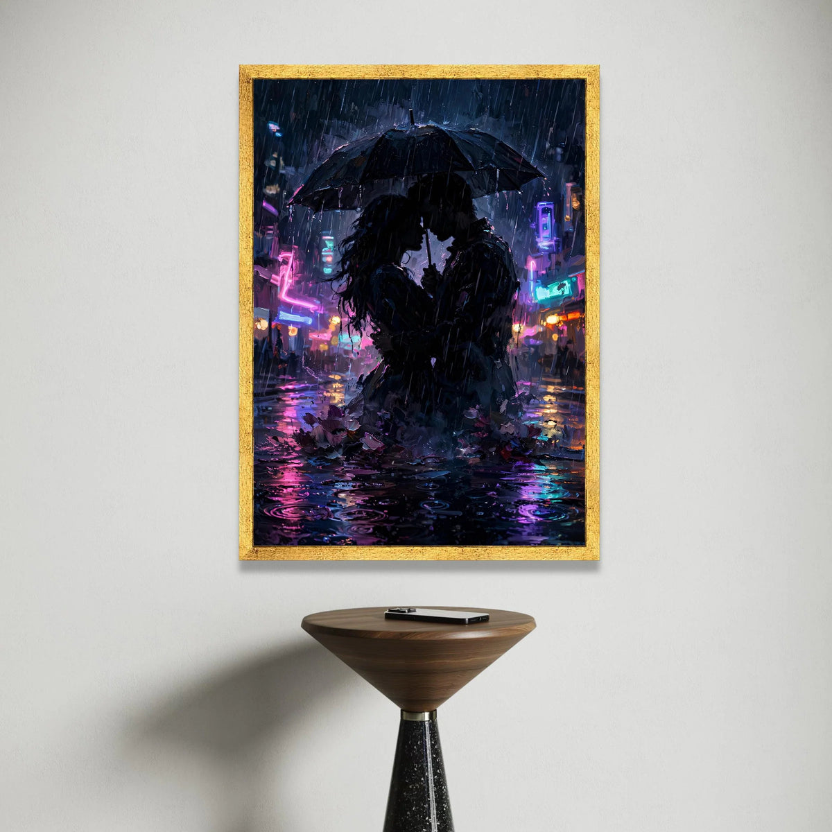 Romantic Couple Under Umbrella Canvas, Rainy Cityscape Wall Art, Neon Lights Evening Decor, Intimate Urban Love Scene Canvas Print Art