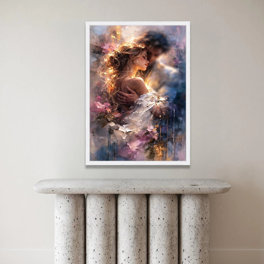 Romantic Embrace Couple Canvas, Tender Love Wall Art, Intimate Portrait Decoration, Soft Pastel Color Palette, Bedroom Canvas Print Art