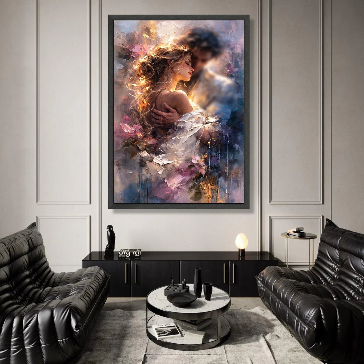 Romantic Embrace Couple Canvas, Tender Love Wall Art, Intimate Portrait Decoration, Soft Pastel Color Palette, Bedroom Canvas Print Art