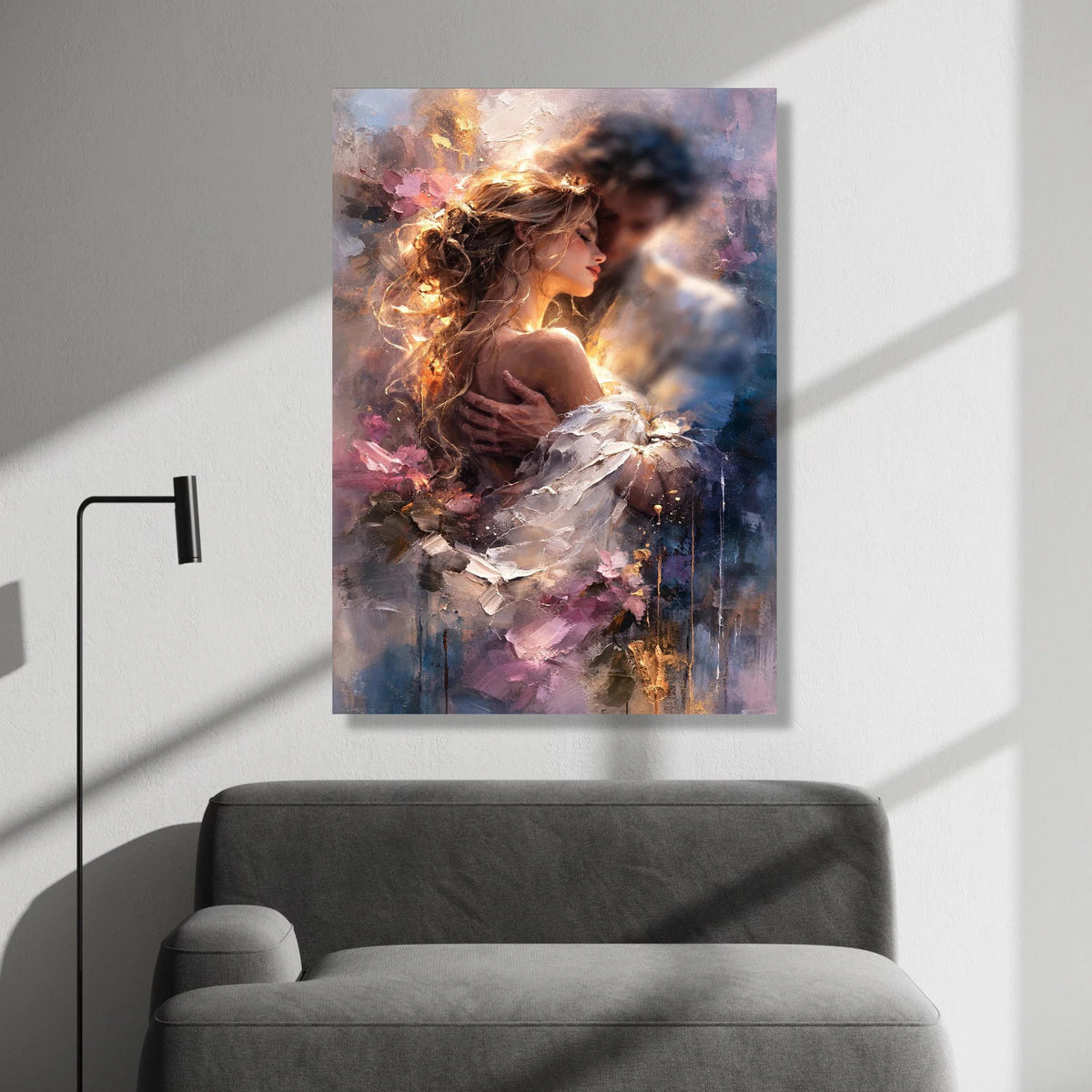 Romantic Embrace Couple Canvas, Tender Love Wall Art, Intimate Portrait Decoration, Soft Pastel Color Palette, Bedroom Canvas Print Art