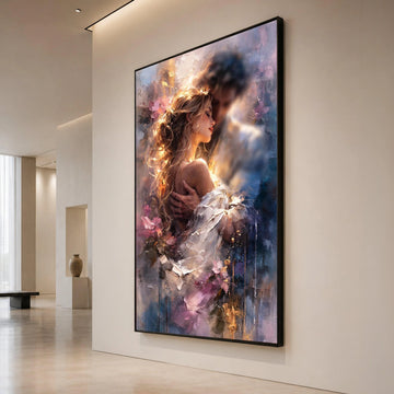 Romantic Embrace Couple Canvas, Tender Love Wall Art, Intimate Portrait Decoration, Soft Pastel Color Palette, Bedroom Canvas Print Art