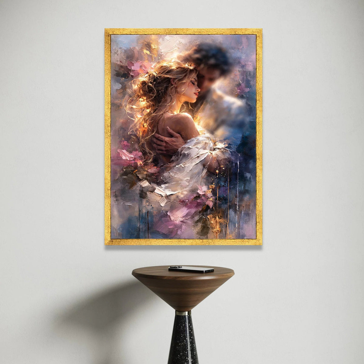 Romantic Embrace Couple Canvas, Tender Love Wall Art, Intimate Portrait Decoration, Soft Pastel Color Palette, Bedroom Canvas Print Art