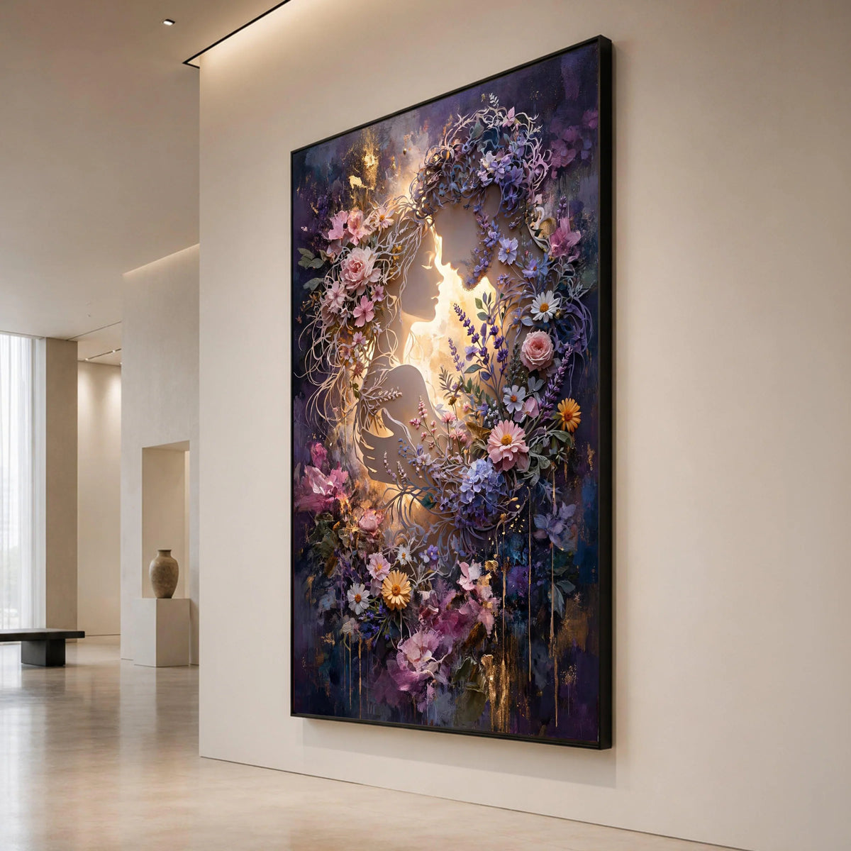 Romantic Floral Lovers Canvas, Elegant Couple Silhouette, Botanical Wall Art, Purple Pink Flower Design, Home Décor Canvas Canvas Print Art