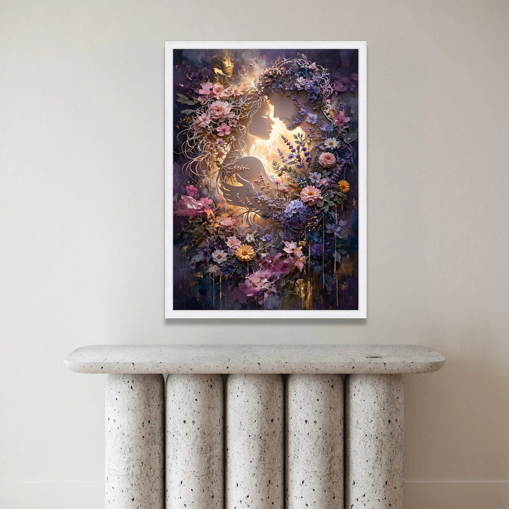 Romantic Floral Lovers Canvas, Elegant Couple Silhouette, Botanical Wall Art, Purple Pink Flower Design, Home Décor Canvas Canvas Print Art
