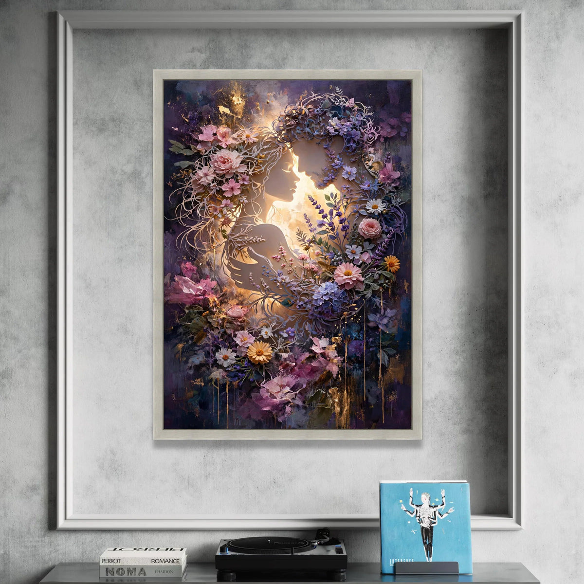 Romantic Floral Lovers Canvas, Elegant Couple Silhouette, Botanical Wall Art, Purple Pink Flower Design, Home Décor Canvas Canvas Print Art