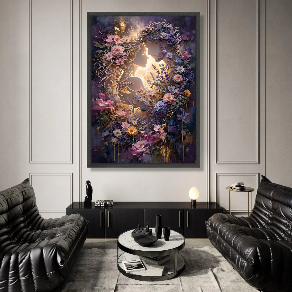 Romantic Floral Lovers Canvas, Elegant Couple Silhouette, Botanical Wall Art, Purple Pink Flower Design, Home Décor Canvas Canvas Print Art