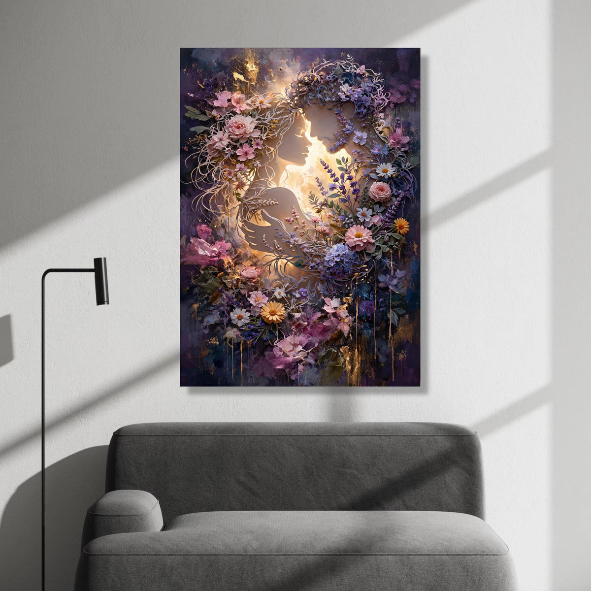 Romantic Floral Lovers Canvas, Elegant Couple Silhouette, Botanical Wall Art, Purple Pink Flower Design, Home Décor Canvas Canvas Print Art
