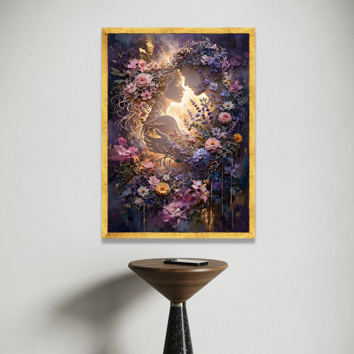 Romantic Floral Lovers Canvas, Elegant Couple Silhouette, Botanical Wall Art, Purple Pink Flower Design, Home Décor Canvas Canvas Print Art