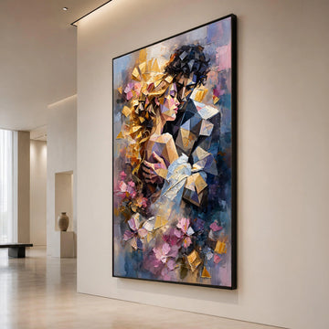 Romantic Embrace Abstract Canvas, Geometric Couple Wall Art, Modern Love Painting, Colorful Home Decoration, Emotional Art Canvas Print Art