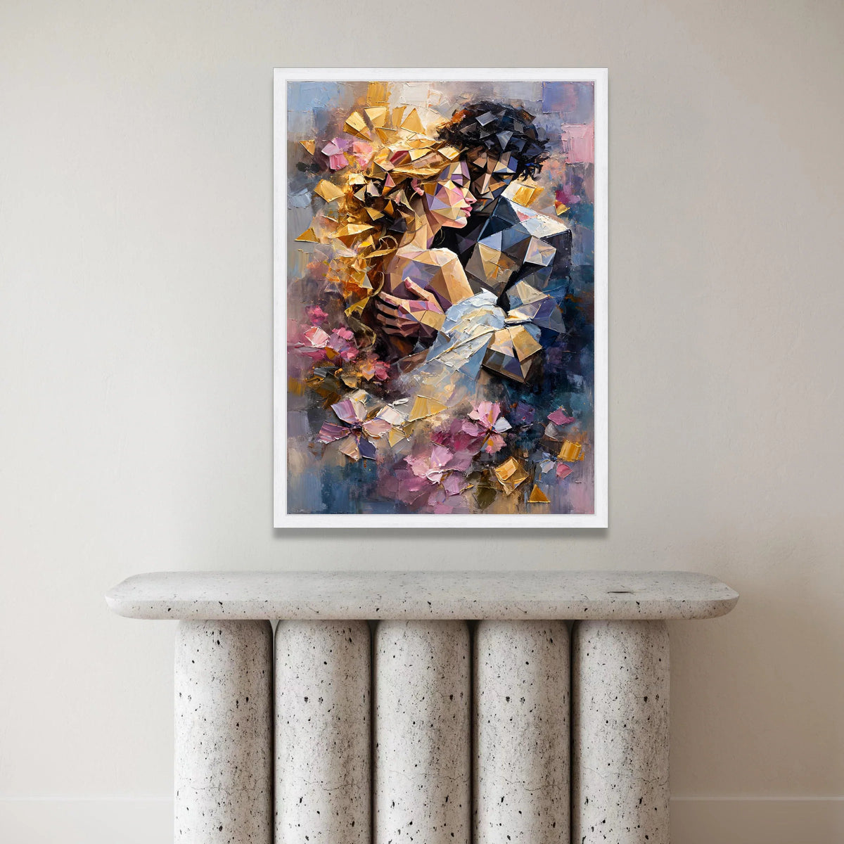 Romantic Embrace Abstract Canvas, Geometric Couple Wall Art, Modern Love Painting, Colorful Home Decoration, Emotional Art Canvas Print Art
