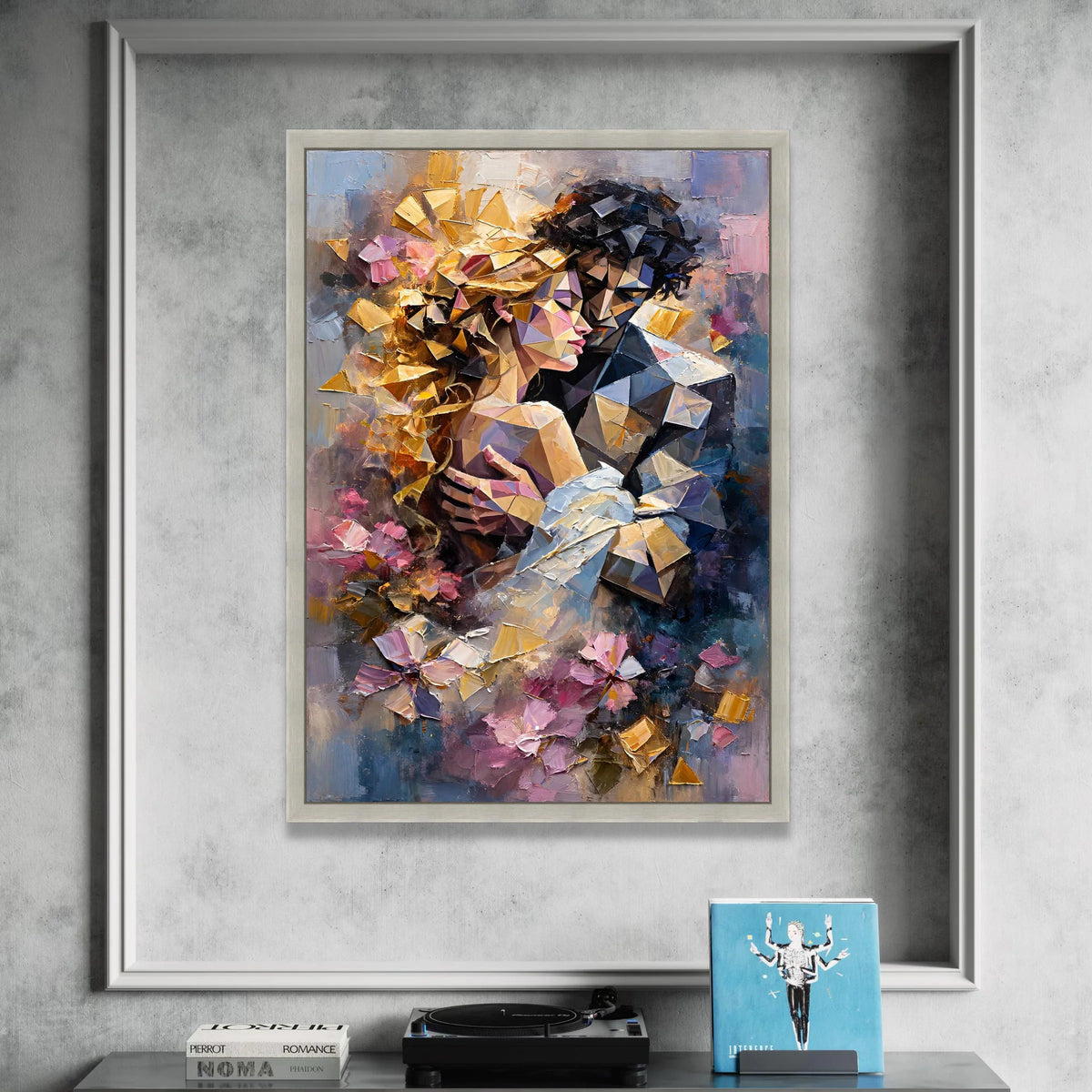 Romantic Embrace Abstract Canvas, Geometric Couple Wall Art, Modern Love Painting, Colorful Home Decoration, Emotional Art Canvas Print Art