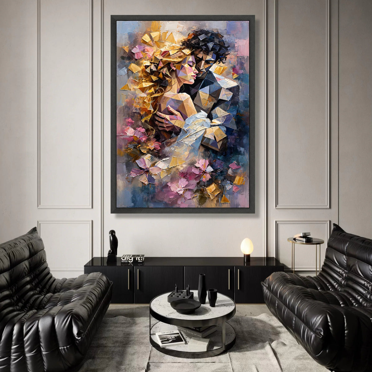 Romantic Embrace Abstract Canvas, Geometric Couple Wall Art, Modern Love Painting, Colorful Home Decoration, Emotional Art Canvas Print Art