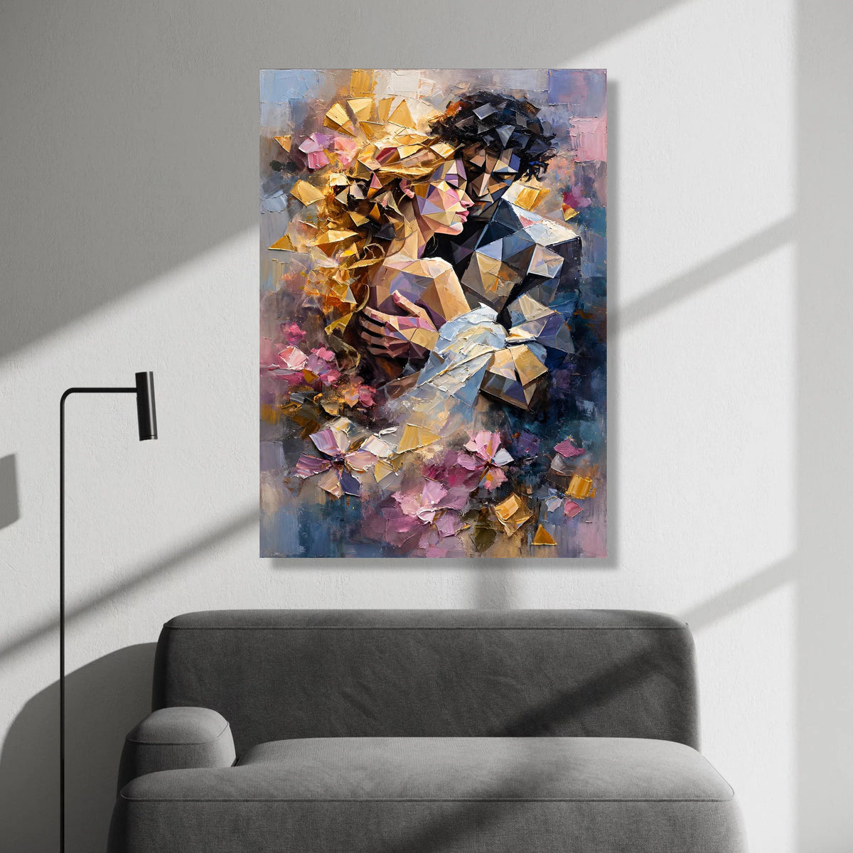 Romantic Embrace Abstract Canvas, Geometric Couple Wall Art, Modern Love Painting, Colorful Home Decoration, Emotional Art Canvas Print Art