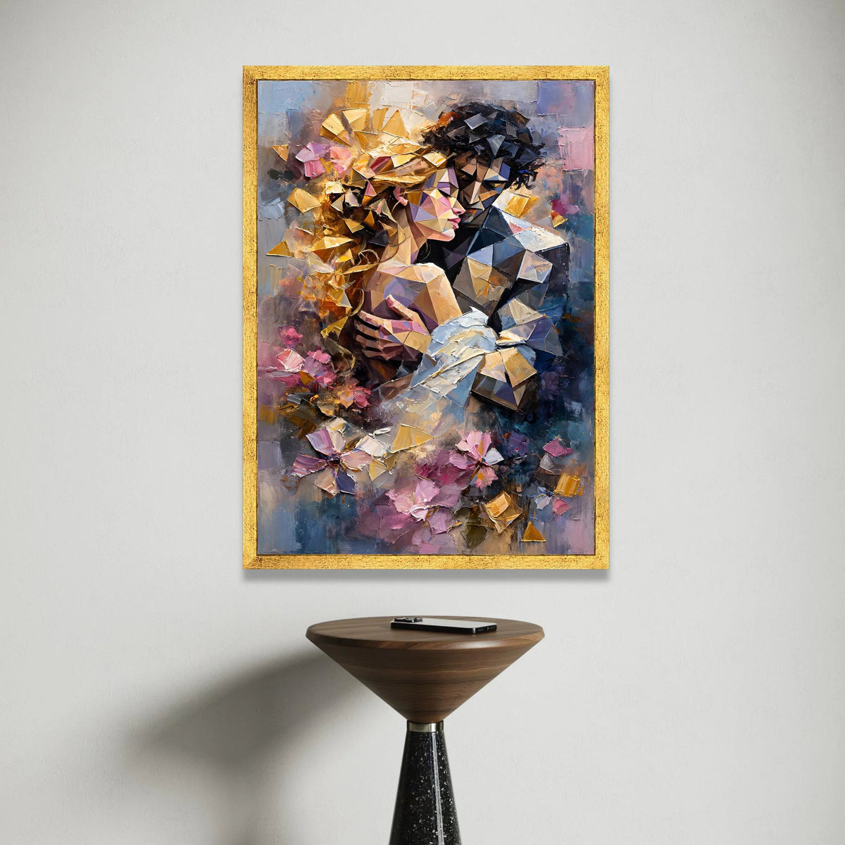 Romantic Embrace Abstract Canvas, Geometric Couple Wall Art, Modern Love Painting, Colorful Home Decoration, Emotional Art Canvas Print Art