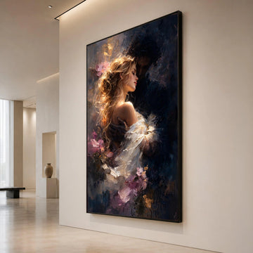 Romantic Embrace Canvas Wall Art, Tender Couple Painting, Intimate Love Scene, Elegant Home Decor, Sentimental Artistic Canvas Print Art