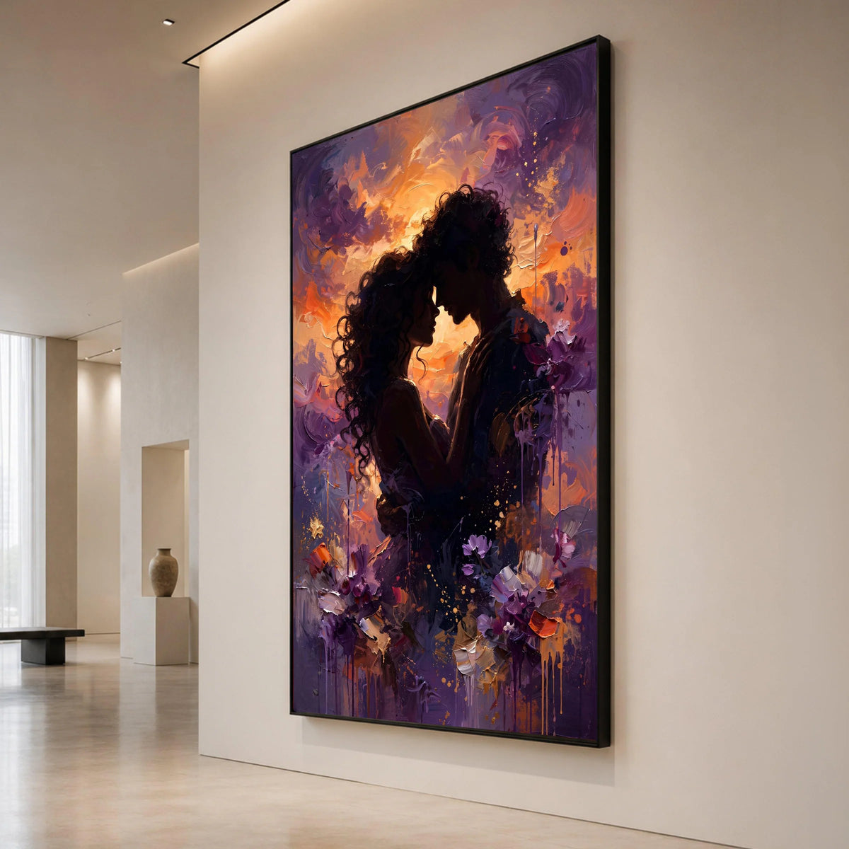 Romantic Couple Silhouette Canvas, Intimate Embrace Wall Art, Sunset Glow Painting, Love Home Decor, Passionate Moment Canvas Print Art