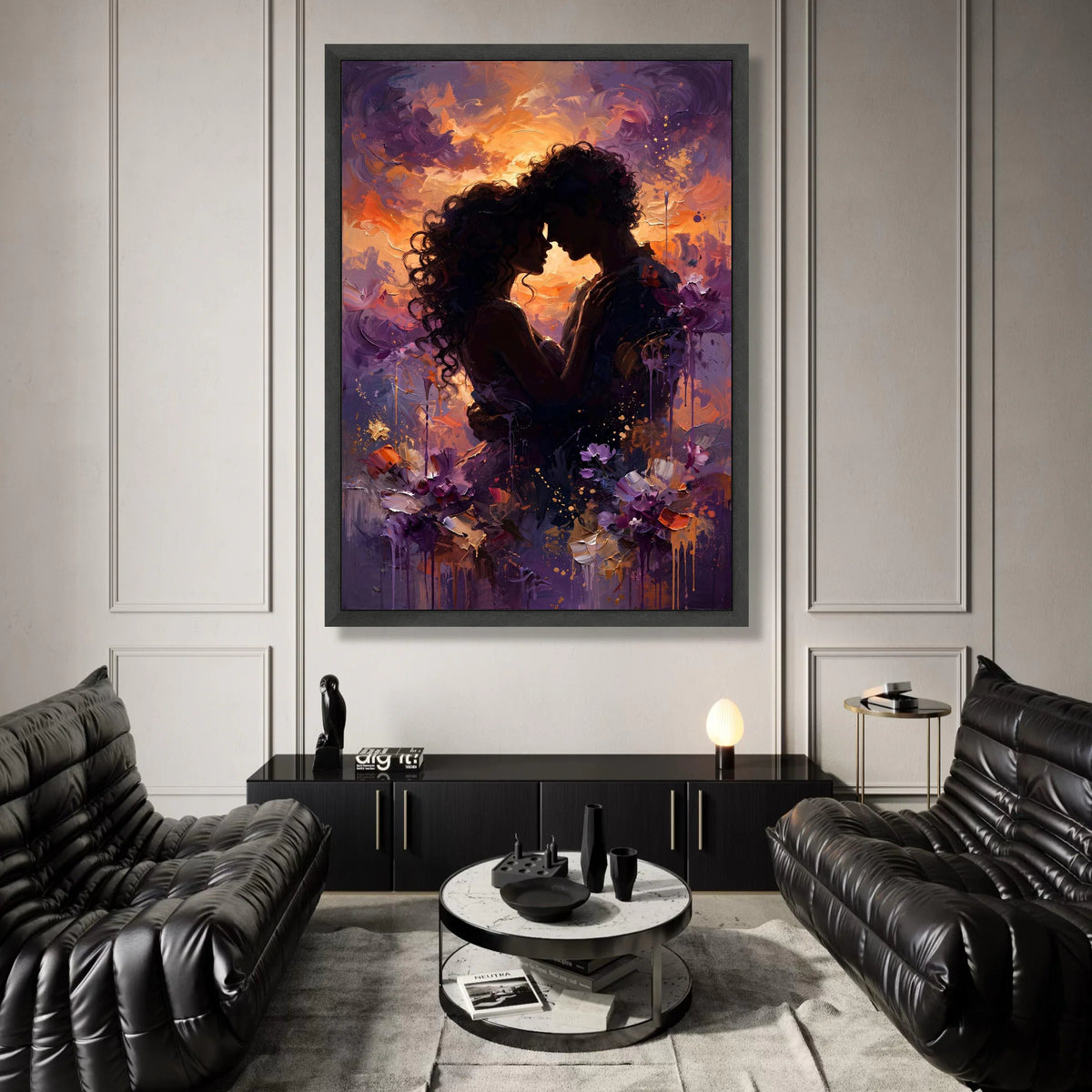 Romantic Couple Silhouette Canvas, Intimate Embrace Wall Art, Sunset Glow Painting, Love Home Decor, Passionate Moment Canvas Print Art