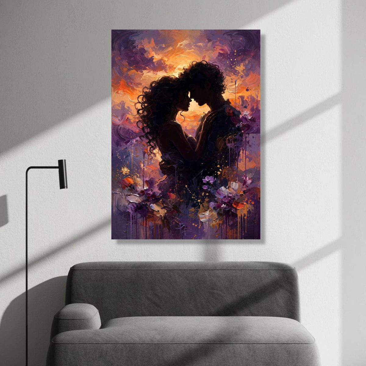 Romantic Couple Silhouette Canvas, Intimate Embrace Wall Art, Sunset Glow Painting, Love Home Decor, Passionate Moment Canvas Print Art