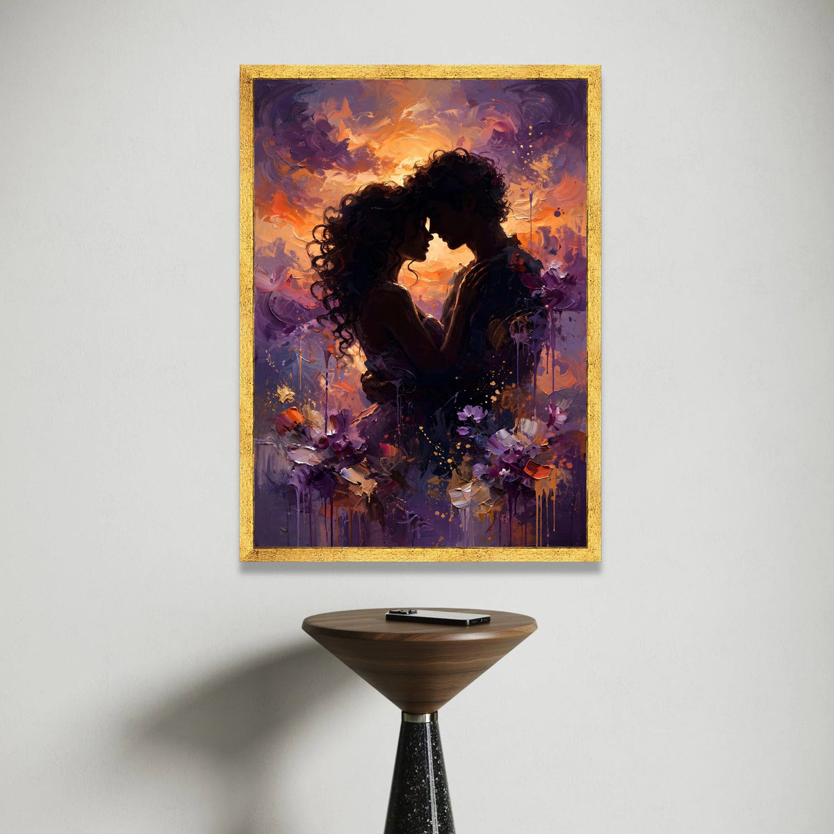 Romantic Couple Silhouette Canvas, Intimate Embrace Wall Art, Sunset Glow Painting, Love Home Decor, Passionate Moment Canvas Print Art