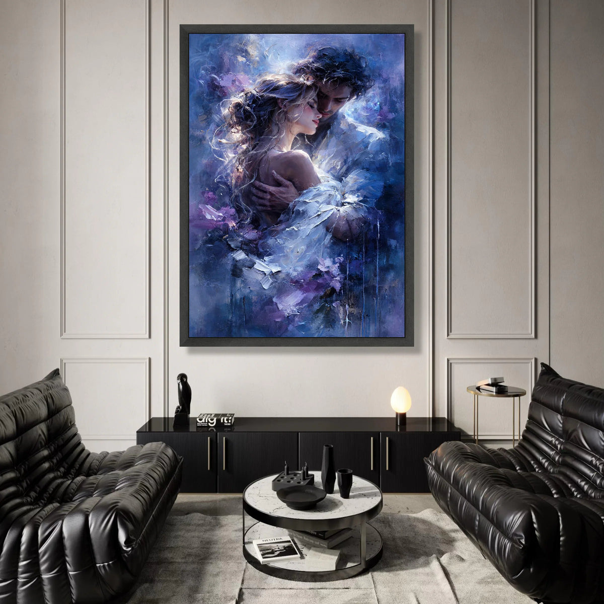 Romantic Embrace Canvas Wall Art, Couple Love Painting, Intimate Portrait Canvas, Moody Blue Home Decor, Romantic Wall Canvas Print Art