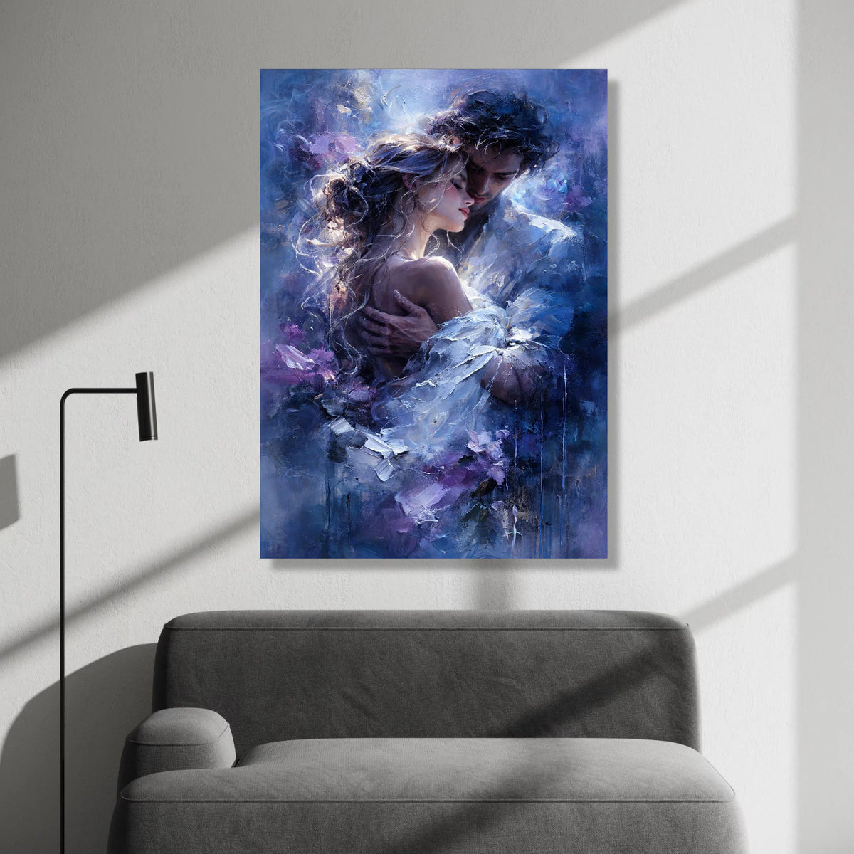 Romantic Embrace Canvas Wall Art, Couple Love Painting, Intimate Portrait Canvas, Moody Blue Home Decor, Romantic Wall Canvas Print Art