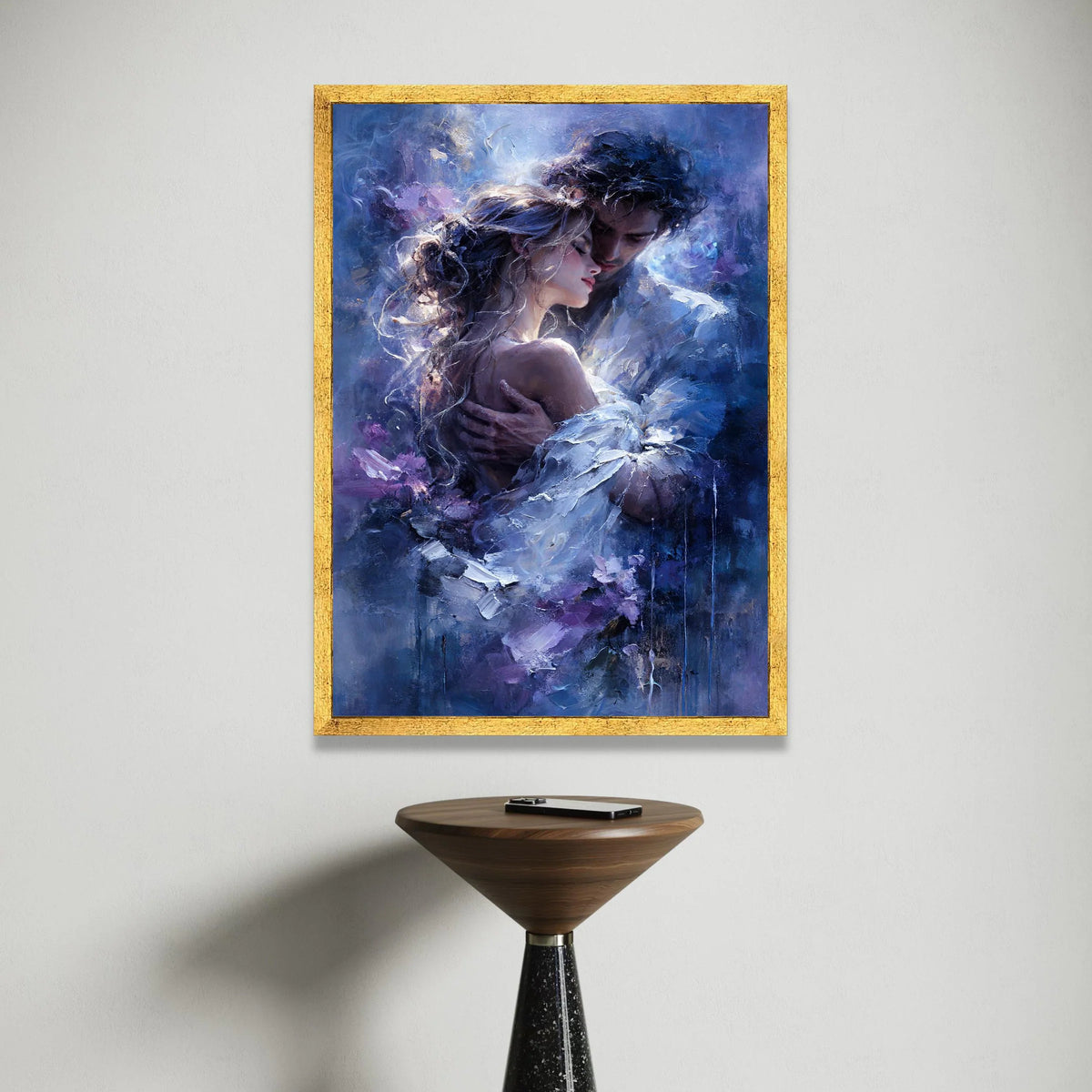 Romantic Embrace Canvas Wall Art, Couple Love Painting, Intimate Portrait Canvas, Moody Blue Home Decor, Romantic Wall Canvas Print Art