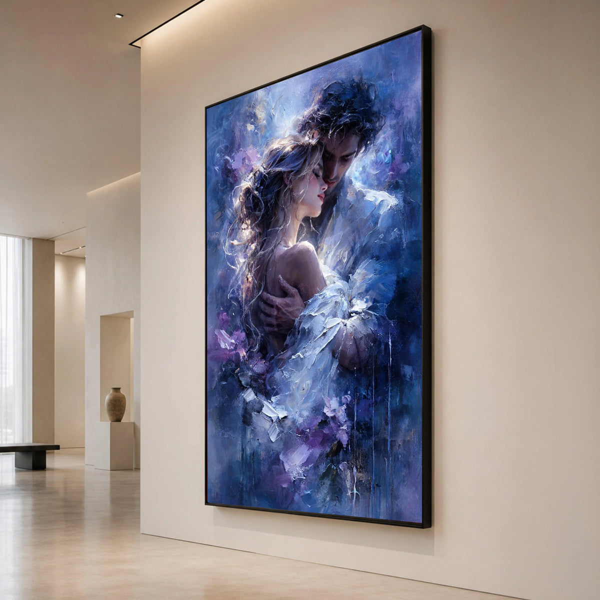 Romantic Embrace Canvas Wall Art, Couple Love Painting, Intimate Portrait Canvas, Moody Blue Home Decor, Romantic Wall Canvas Print Art