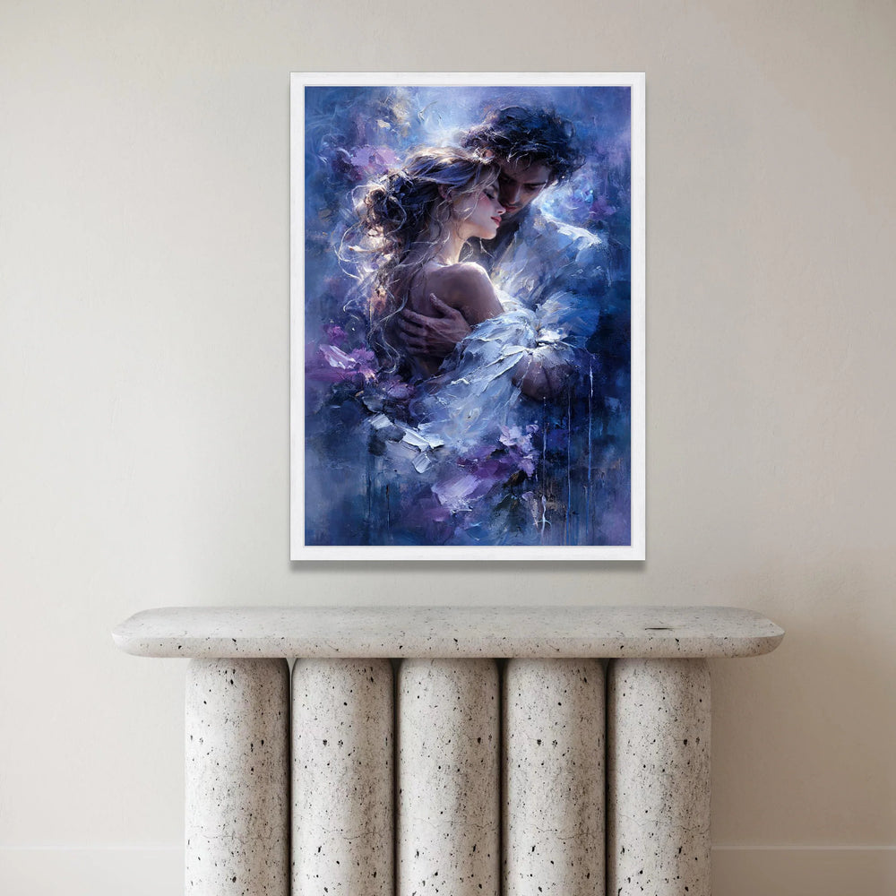 Romantic Embrace Canvas Wall Art, Couple Love Painting, Intimate Portrait Canvas, Moody Blue Home Decor, Romantic Wall Canvas Print Art