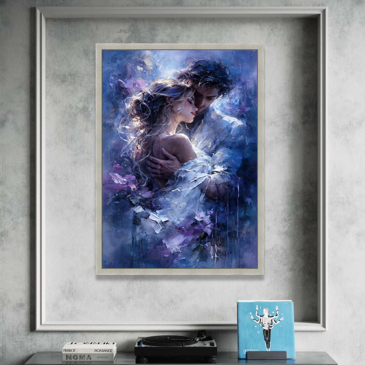 Romantic Embrace Canvas Wall Art, Couple Love Painting, Intimate Portrait Canvas, Moody Blue Home Decor, Romantic Wall Canvas Print Art