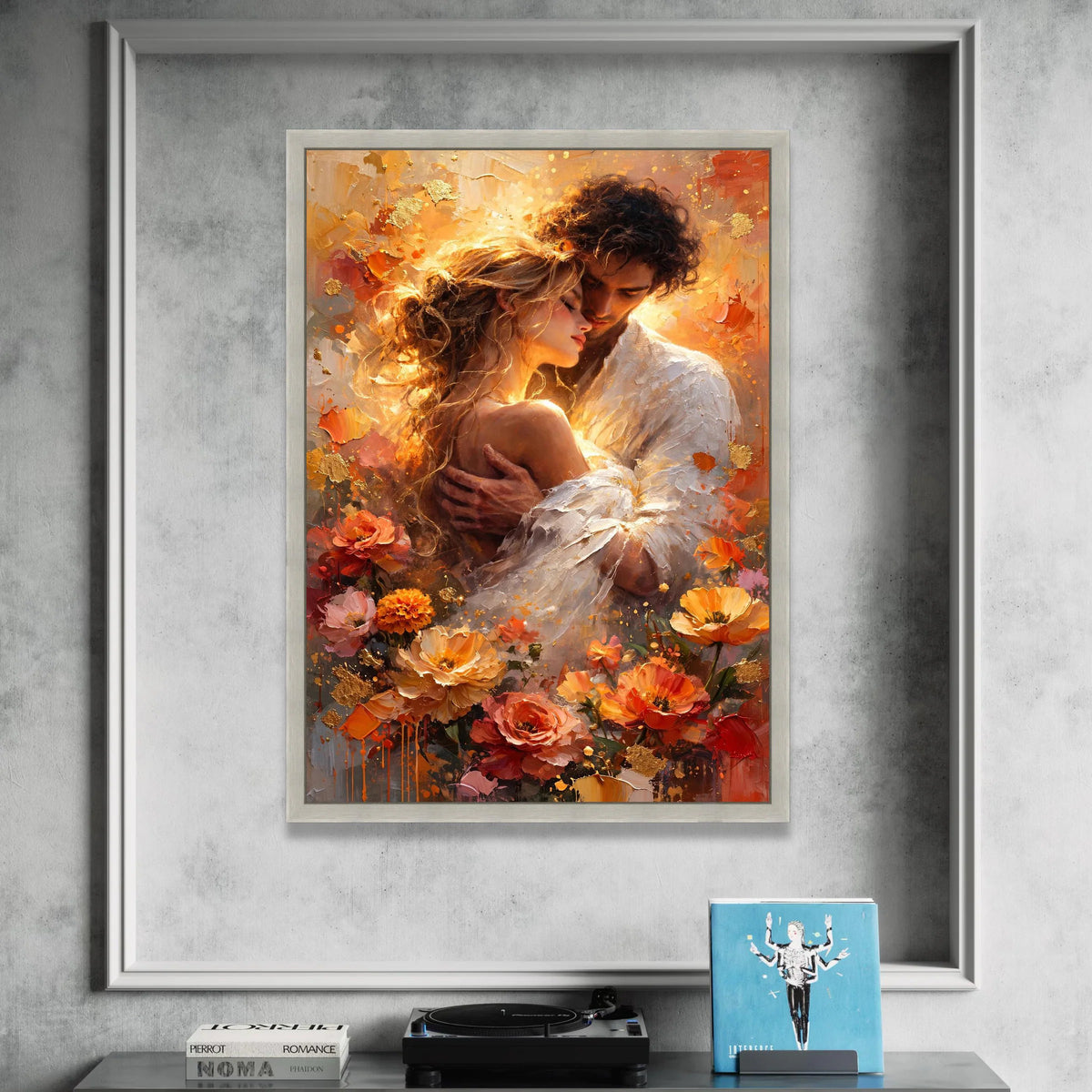 Romantic Embrace Canvas Wall Art, Loving Couple Portrait, Floral Home Decoration, Warm Color Palette, Intimate Love Scene, Canvas Print Art
