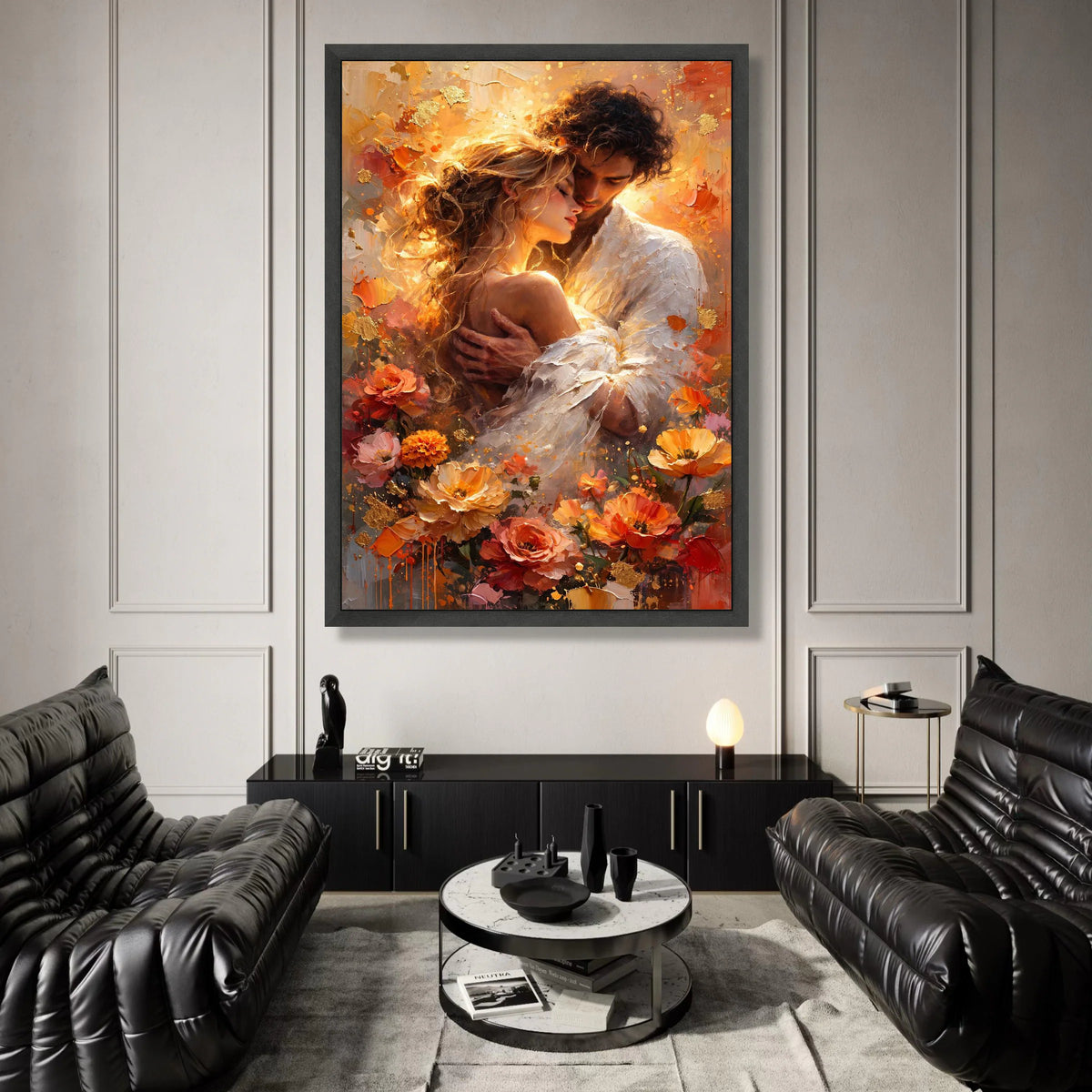 Romantic Embrace Canvas Wall Art, Loving Couple Portrait, Floral Home Decoration, Warm Color Palette, Intimate Love Scene, Canvas Print Art