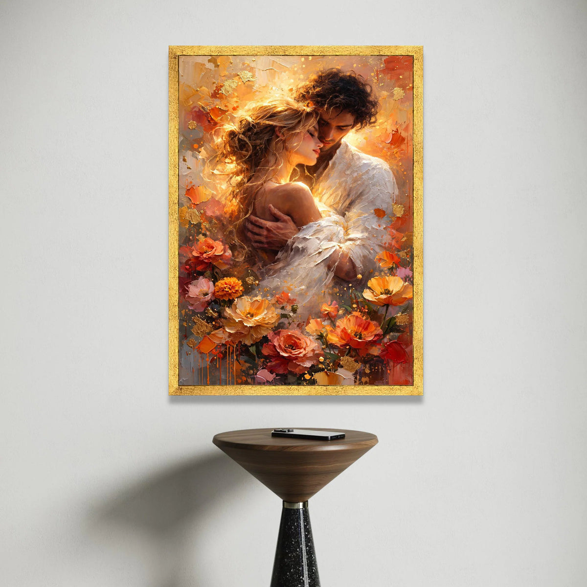 Romantic Embrace Canvas Wall Art, Loving Couple Portrait, Floral Home Decoration, Warm Color Palette, Intimate Love Scene, Canvas Print Art