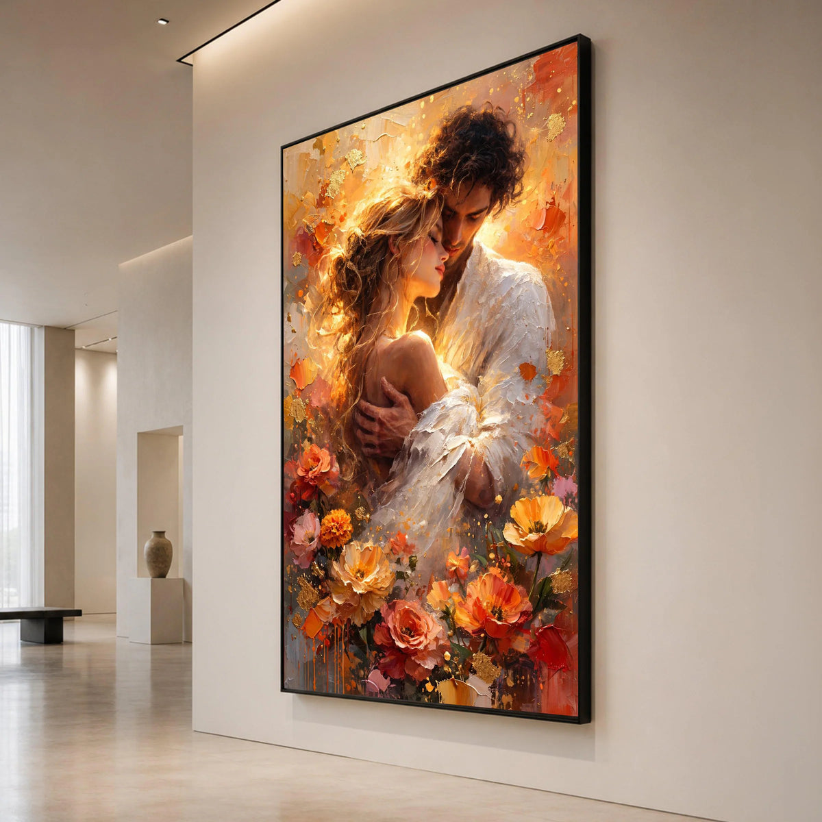Romantic Embrace Canvas Wall Art, Loving Couple Portrait, Floral Home Decoration, Warm Color Palette, Intimate Love Scene, Canvas Print Art