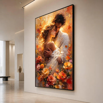 Romantic Embrace Canvas Wall Art, Loving Couple Portrait, Floral Home Decoration, Warm Color Palette, Intimate Love Scene, Canvas Print Art