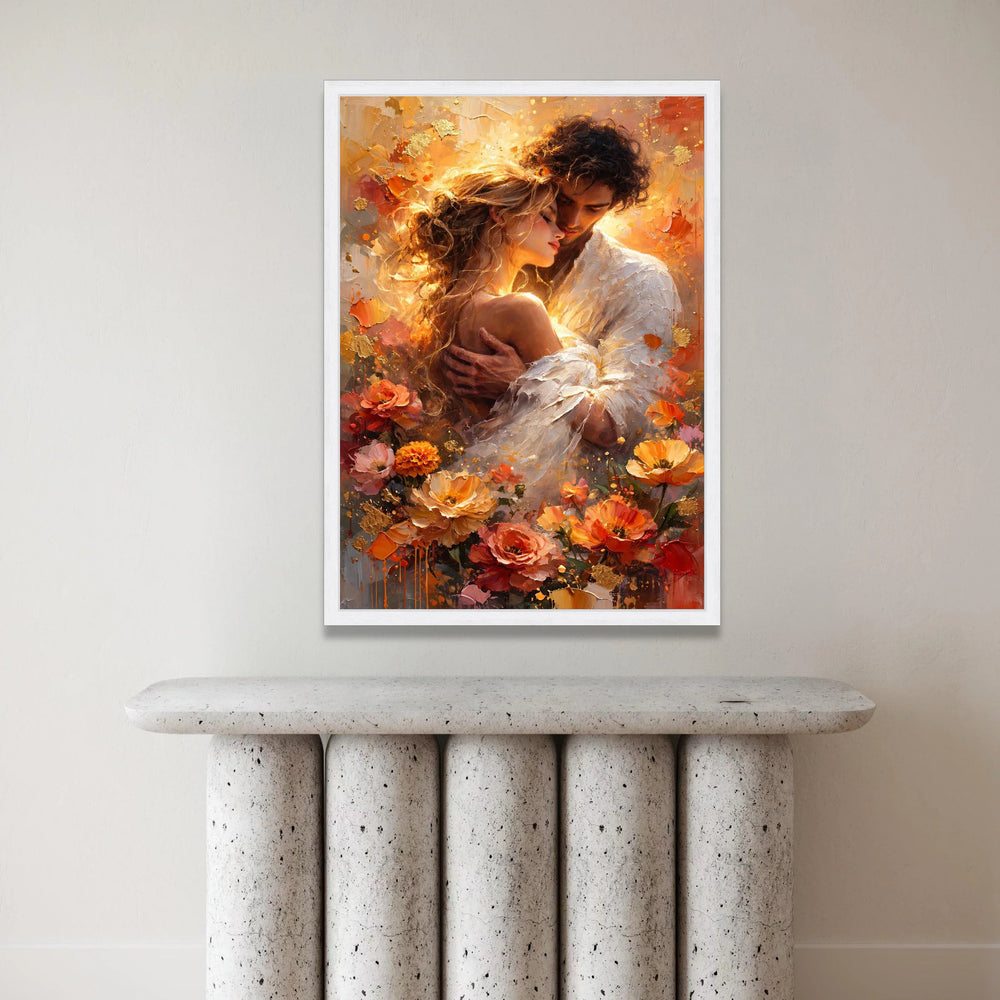 Romantic Embrace Canvas Wall Art, Loving Couple Portrait, Floral Home Decoration, Warm Color Palette, Intimate Love Scene, Canvas Print Art