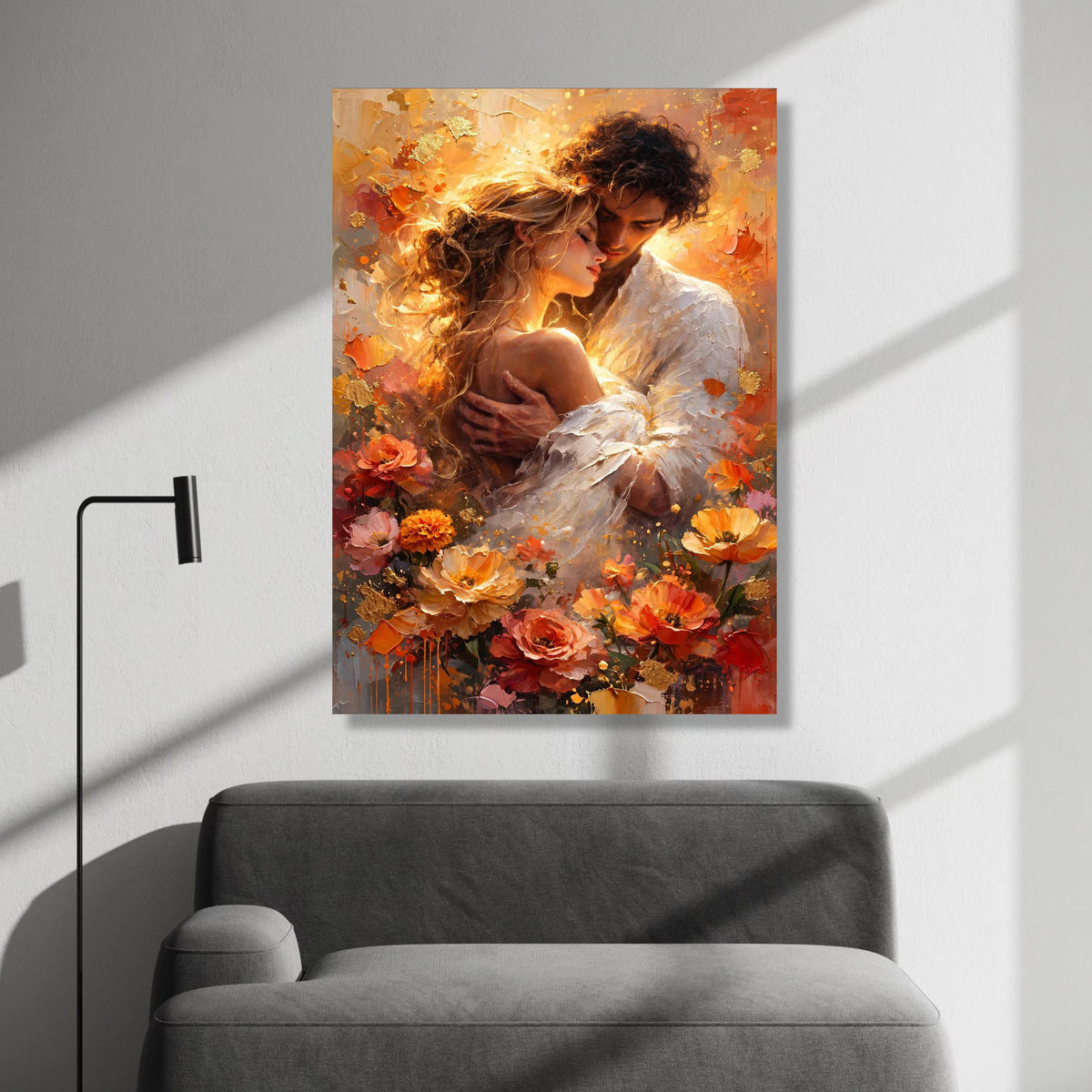 Romantic Embrace Canvas Wall Art, Loving Couple Portrait, Floral Home Decoration, Warm Color Palette, Intimate Love Scene, Canvas Print Art