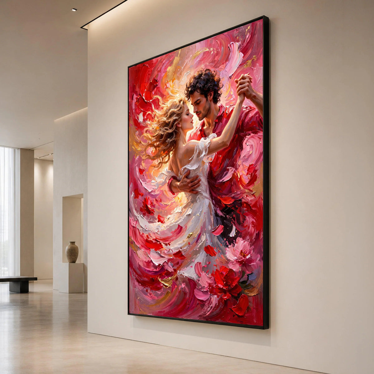 Romantic Dance Couple Canvas, Passionate Red and Pink Swirl Art, Lovers Embrace Wall Art, Dynamic Movement Decor, Home Canvas Print Art