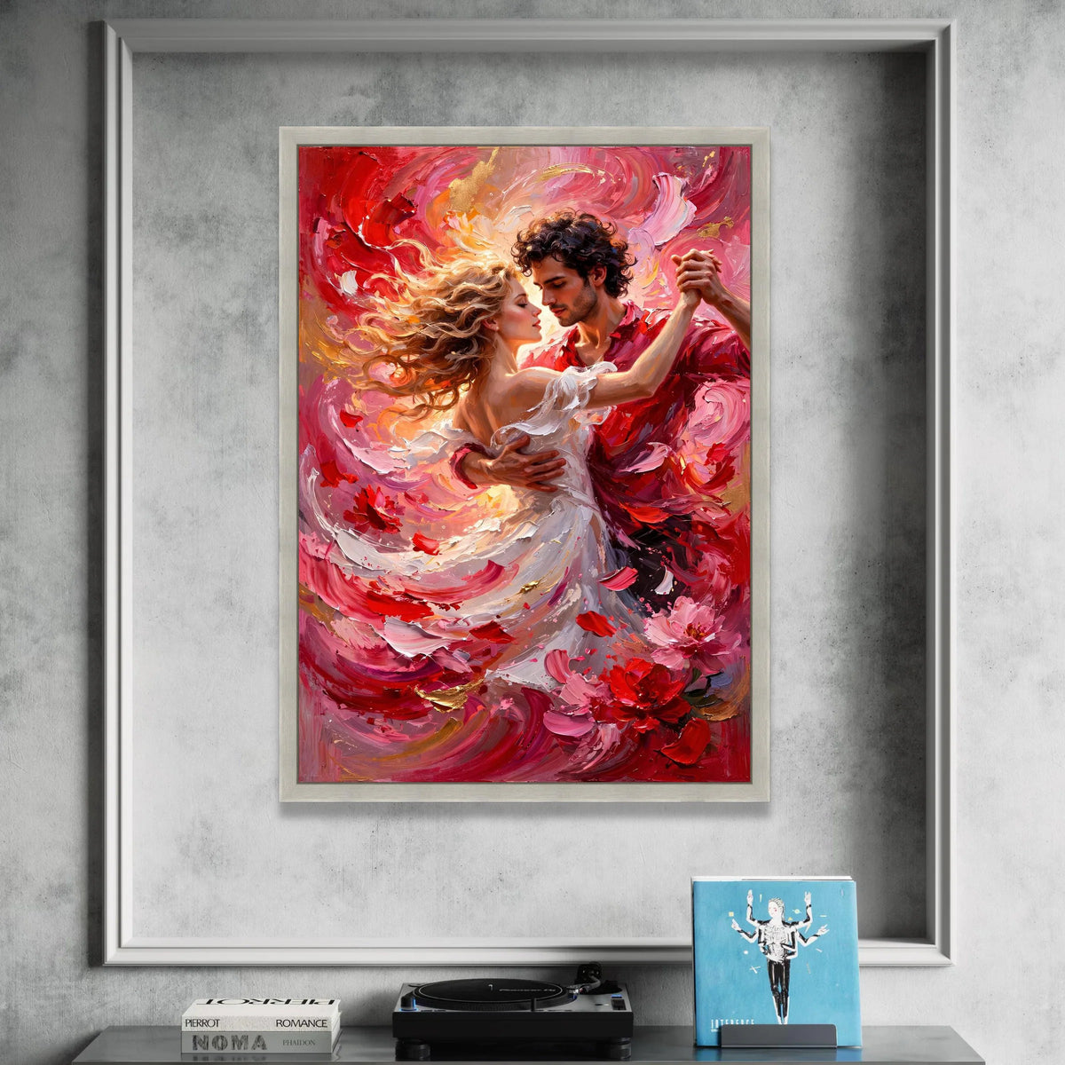 Romantic Dance Couple Canvas, Passionate Red and Pink Swirl Art, Lovers Embrace Wall Art, Dynamic Movement Decor, Home Canvas Print Art