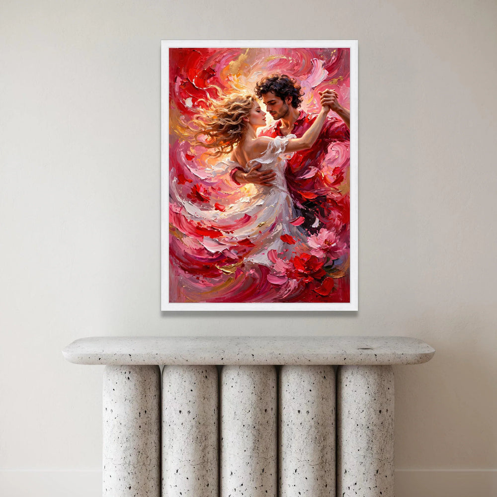 Romantic Dance Couple Canvas, Passionate Red and Pink Swirl Art, Lovers Embrace Wall Art, Dynamic Movement Decor, Home Canvas Print Art