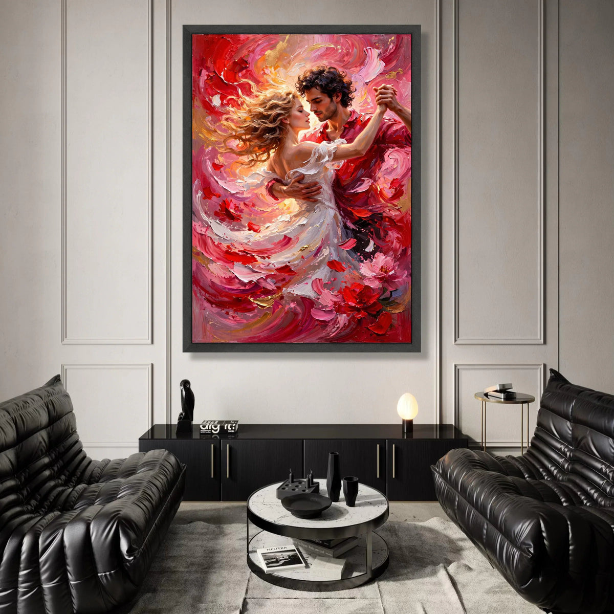 Romantic Dance Couple Canvas, Passionate Red and Pink Swirl Art, Lovers Embrace Wall Art, Dynamic Movement Decor, Home Canvas Print Art