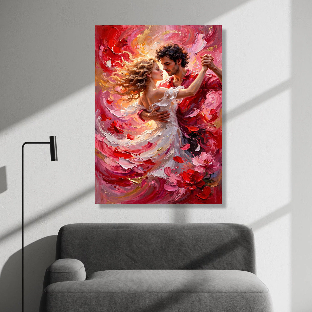 Romantic Dance Couple Canvas, Passionate Red and Pink Swirl Art, Lovers Embrace Wall Art, Dynamic Movement Decor, Home Canvas Print Art